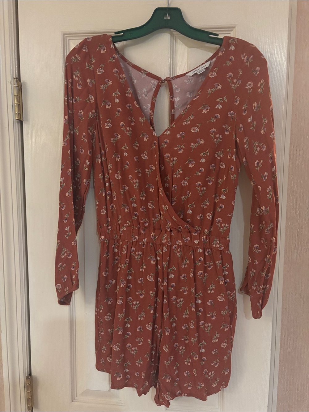 American Eagle Outfitters Rust Floral Wrap-Front Long Sleeve shorts romper